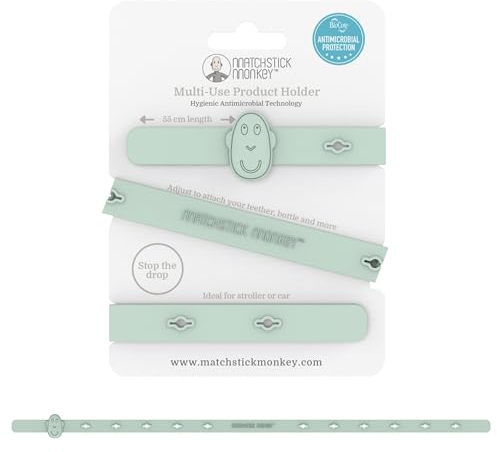 Matchstick Monkey Spielzeug Schnullerkette für Beißring, Spielzeug, Trinkbecher - Halteriemen zur Befestigung an Kinderwagen, Autositz oder Hochstuhl - Länge 55cm - Silikon mintgrün