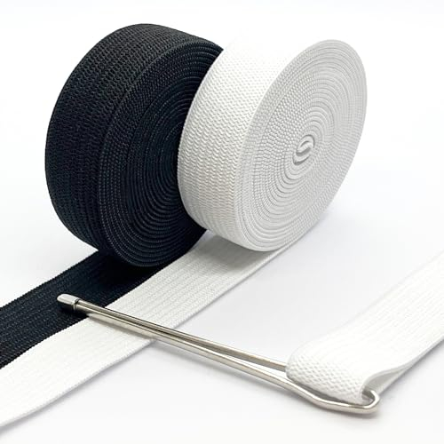 Elastique Couture Plat, Accessoire au Mètre. Bande Élastique Large et Résistants,1m en Blanc, 1m en Noir, 15mm de Large. Avec 1 Aiguille Passe-Lacets