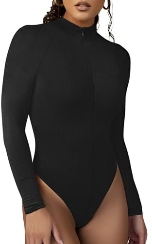 RoomTour Damen Body Leotard Hoher Kragen Bodysuits Elegant Langarm body für Frauen mit Reißverschluss Jumpsuit Tops 2-Schwarz L