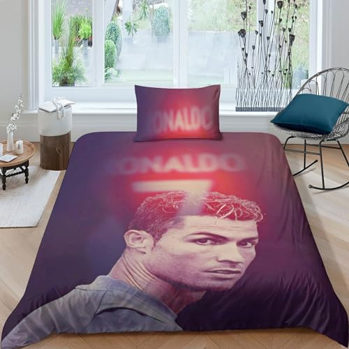 REIPOL Ronaldo Für Kinder Mädchen Jungen Bettbezug Set Bettwäschegarnitur 3D Gedruckter Fußball Reissverschluss Weich Microfaser Und Kissenbezüge Bettwäsche 2 Pieces Single(135x200cm)