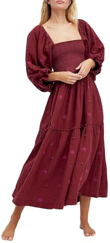 Acrawnni Damen Maxikleid mit Blumenstickerei, lange Puffärmel, quadratischer Ausschnitt, gesmokt, gestuft, böhmisch, fließendes Kleid, Strandkleid, langes Kleid, B-Rot, M