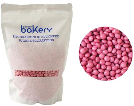 Decora, 5081188 Confezione da 1 Kg di Mini Lenti Cioccolato A Latte Rosa Pesca, Dim. ⌀ 10 mm, Pronte all’uso, Con il 60% di cioccolato al latte, Confezione Bakery, Made in Italy