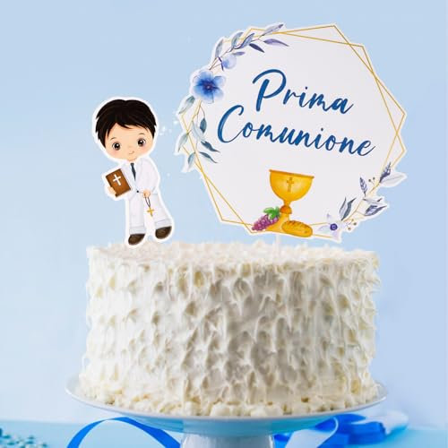 BETESSIN Kommunion Tortendeko Set - Prima Comunione - Italienische Cake Topper zur Kommunion für Junge und Mädchen (Blau)