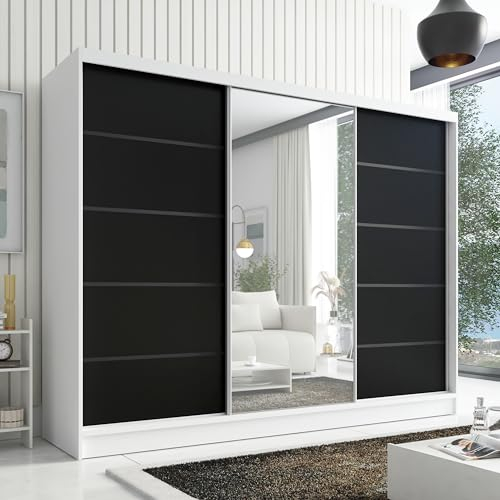 A&J MöbelLand Schwebetürenschrank Aurelia 2 Kleiderschrank 3-türig mit Schubladen, und Spiegel, Garderobe 200 cm (Weiß/schwarz)