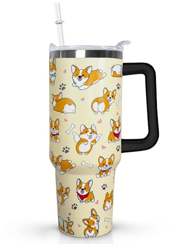 Ceovfoi Corgi Becher mit Griff, Reisebecher, Wasserflasche, Corgi-Dekor, Hundegeschenke für Frauen, 1,2 l