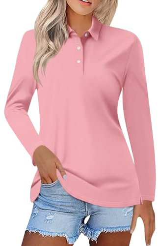 Polo da Donna UK Tinta Unita Manica Lunga Risvolto Sport Tennis Golf Traspirante Casual Polo, Rosa, 4XL