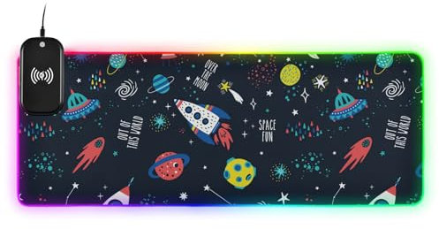Cartoon Rockets Planet Cosmet Star Wireless Charging Glowing Office Animal Pad Computer Animal Mat Mousepad Big Thin Desk Top 80.0x30.0 cm