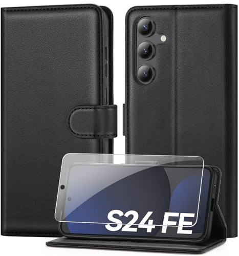 ivencase Handyhülle für Samsung Galaxy S24 FE Hülle, Schwarz | Klapphülle mit Schutzfolie, PU Leder Schutzhülle [RFID-Blockierung] Kartenfach Flip Wallet Case für Samsung Galaxy S24 FE