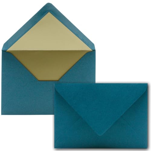 50x Briefumschlag DIN C6 - Petrol mit Goldfutter | Edle C6 Kuverts mit Nassklebung - 11,4 x 16,2 cm - Metallic-Fütterung, matte Oberfläche, ohne Fenster - ideal für Einladungen