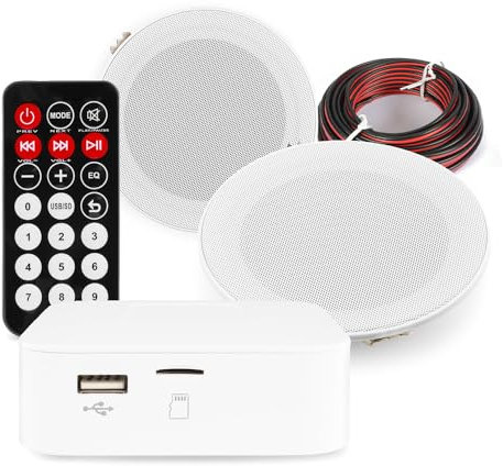 Power Dynamics PD MSLP50 Marine Ceiling Speakers Pair with BT20 Amplifier, Bluetooth Ceiling Speaker System Kit, Weatherproof Outdoor Bathroom Audio, IPX5 Waterproof, 60W