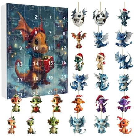 Dragon Adventskalender - Dragon Adventskalender 2024 Deko zum Aufhängen aus Acryl 2D, Adventskalender Anhänger Drachen Ornament für Weihnachtsbaumschmuck