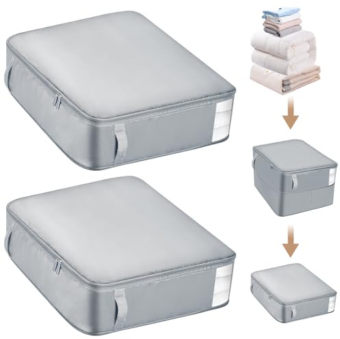 Euqvunn 2 Stück Platzsparender Komprimierender Organizer, Aufbewahrungstasche für Bettdecken, Extra Große Faltbare Kompressions-Aufbewahrungsbeutel mit Sichtfenster für Umzug, Reisen (Grau,L+L)