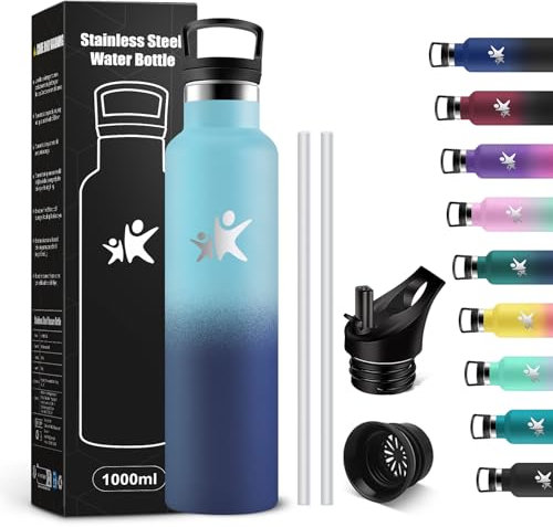 KollyKolla Trinkflasche Edelstahl 1L, Thermoskanne BPA-Frei, Auslaufsichere Isolierflasche Doppelwandig, Kohlensaeure Geeignet, Wasserflasche mit Strohhalm, für Fitness, Schule, Outdoor, Sport