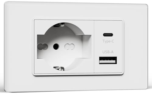 BSEED Steckdose Schuko e Steckdose italienisch mit USB-A e Type-C, Steckdosen elektrisch da Muro 10A/16A, USB da Muro con Pannello di Vetro, Steckdose18mm Weiß