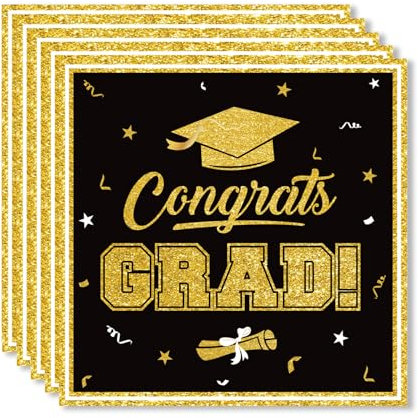 ParPix 24 Stück Abschluss Deko Servietten, 33x33cm Graduation Deko Servietten, Schwarz Gold Papierservietten Abschluss Tischdeko, Abschlussdeko Servietten, Abschluss Party Dekoration Papierservietten