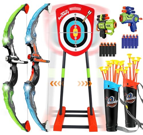 Pfeil und Bogen Kinder mit LED-Leuchten, Bogenschießen Set mit 2 Bogen, 1 Stehender Zielscheibe, 2 Schaumstoff-Pfeilpistolen, 20 Saugnapfpfeilen, 2 Köchern, Spiele für ab 4 5 6 7 8-12 Junge Mädchen