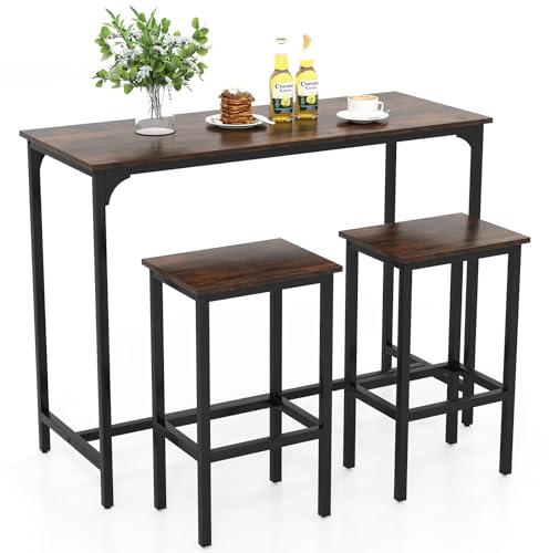 RELAX4LIFE Bartisch mit Barhocker-Set, Esstisch mit 2 Stühlen, Stehtisch mit Metallrahmen, Küchentresen mit Fußstütze, Küchentisch und Küchenstühle im Industrie-Design, Essgruppe für Küche (Kaffee)