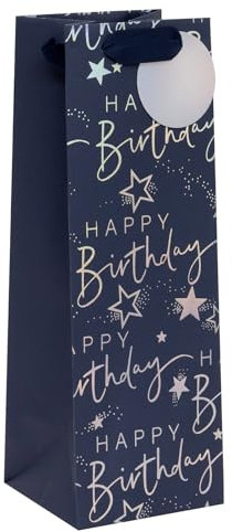 Glick Large Bottle Gift Bag, Happy Birthday Script, 125 x 360 x 120 mm, Luxury Recyclable Bag for Birthdays, Blue