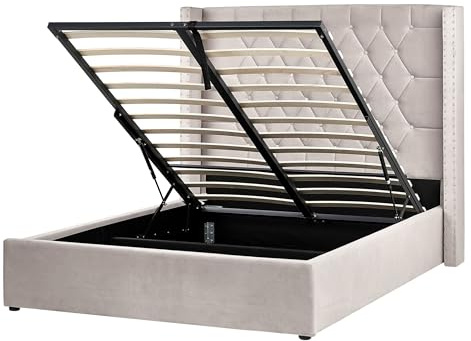 Beliani EU Double Velvet Bed Frame 4ft6 with Storage High Headrest Taupe Lubbon