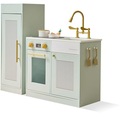 Teamson Kids Little Chef Chester Play Kitchen in Green with Fridge, Stove, 12 Accessories, Hooks & Shelves, Sparks Teamwork, Creativity & Confidence