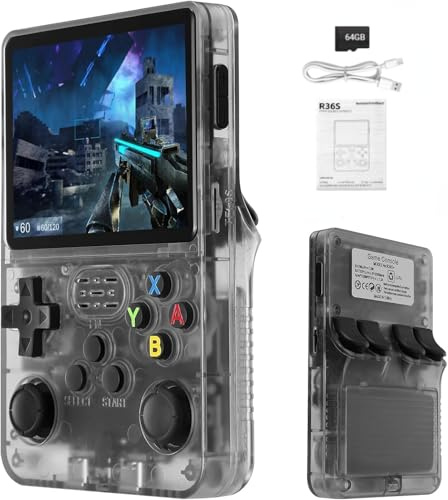 Syzplnwy R36S Retro Handheld Game Console with 3.5 Inch IPS Screen, 3500mAh Battery, 64GB TF Card, 15,000+ Games, Open Source Linux System for Teens & Adults, Black