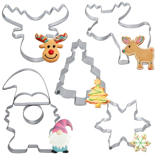 KOOOGEAR Ausstechformen Weihnachten,5 Stück Plätzchen Ausstecher,Edelstahl Plätzchenausstecher Elch,Cookie Cutter für Backen Fondant Torten,Weihnachtsbaum,Lebkuchenmenschen,Strümpfe (Mold-Man)