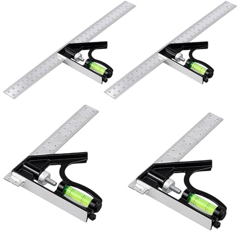 4Pcs Kombinationswinkel 150mm & 300mm | Anschlagwinkel Metall mit Wasserwaage und Anreissnadel für Präzisionsarbeiten, Einstellbarer Winkelmesser aus Edelstahl für 9