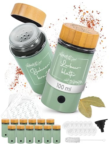 FRÄULEIN ZIMMERZAUBER Gewürzgläser 12 Stück (100ml) mit Holzdeckel – Luftdichtes Gewürzgläser Set mit Streueinsatz, 320 Etiketten & Trichter – Runde Gewürzbehälter & Gewürzorganizer in Eukalyptus Grün
