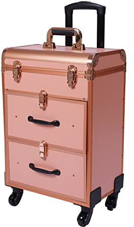 Rolling Makeup Case with 3 Drawers & Lock – Large Cosmetic Trolley for Hairstylists with Storage Bag, Makeup Artists & Nail Techs, 110 lbs Capacity, Retractable Handle & Wheels (Gold) 36 * 23 * 58cm