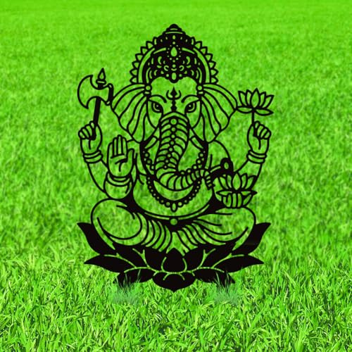 WADORN Ganesha auf Lotus Dekorative Garten Stäbe, Hindu Elefant Statue Skulptur Außen Dekorationen für Außen Hof Terrasse Hinterhof Rasen Dekor Geschenk für Frauen Männer Zuhause Feiertag 22x38cm