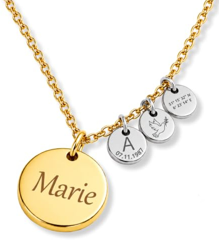 BS Schmuckdesign Namenskette Damen personalisierte Kette mit Gravur – mehrere Anhänger mit Name, Datum, Koordinaten & Symbol, Familienkette Geschenk für Frauen
