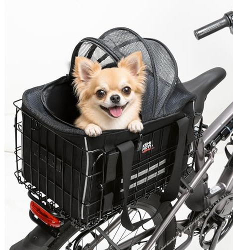 KEMIMOTO Cestino Posteriore per Bici per Cani e Gatti, Trasportino Pieghevole per Animali Fino a 9KG con Telaio in Metallo, Cestino Bicicletta per Animali Domestici con Strisce Riflettenti, Cuscino