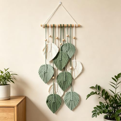 Makramee Wandbehang Boho Deko, Makramee Deko Blätter Tapisserie mit Holzperlen, Handgemacht Wandbehang, Wandteppich Boho für Schlafzimmer Wohnzimmer Kinderzimmer Hochzeit Wanddeko Grün 60x55 Cm
