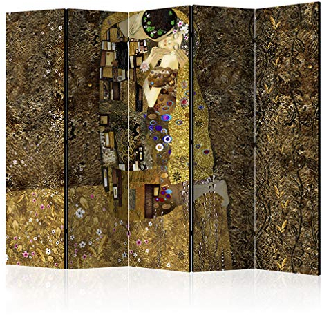 decomonkey Paravent Raumteiler Innen Klimt Kuss 225x172 cm 5 Teilig Beidseitig Room Divider Wall Raumteiler Stehend Trennwand Sichtschutz Spanische Wand Sichtschutzwand Wohnzimmer Holz