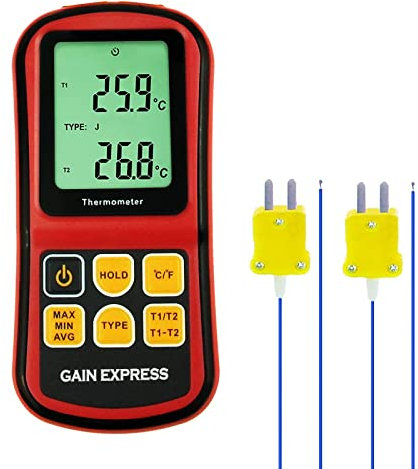 Digital K/J/T/E/R/S/N-Typ Thermoelement-Thermometer Zweikanal-LCD-Display -150~1767 ° C ATC Temp.Meter, Celsius und Fahrenheit Genau bis ± 0,1% + 0,6℃, mit Hintergrundbeleuchtung