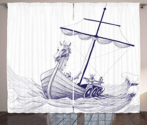 ABAKUHAUS Wikinger Rustikaler Gardine, Drakkar Langer Bootsdrache, Schlafzimmer Kräuselband Vorhang mit Schlaufen und Haken, 280 x 175 cm, Lila Weiß
