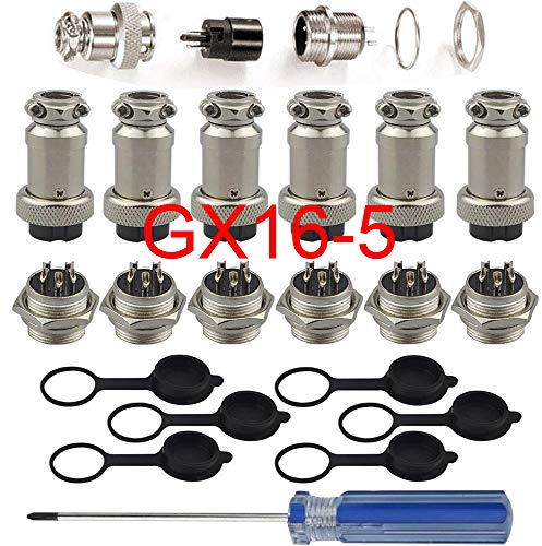RUNCCI-YUN 6Pcs GX16-5 Broches Aviation Connecteur, 16MM Metal Panneau Aviation Connecteur Prise, 5A Male Femelle Aviation Prise avec Caoutchouc Protecteur Capuchon et Tournevis