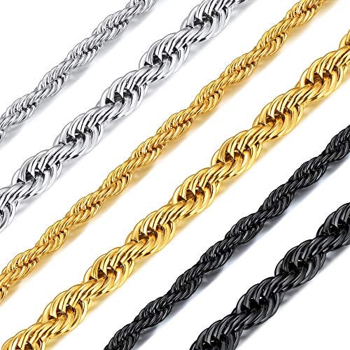 Richsteel Twist Chain Necklace, 3MM Wide, 18Inch(46CM) Length, Gift For Men, 20K Gold Plated Stainless Steel Street Style Men Chain Jewelry Twister Rope Necklace