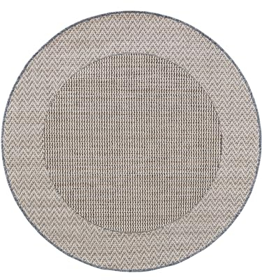 benuta Nest Teppich River - Kunstfaser - Outdoor geeignet - Rund & im Style: Bordüre, Ethno-Style - Pflegeleicht für Wohnzimmer Schlafzimmer | Beige/Blau | ø 130 cm rund