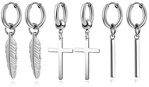 AllerPierce 3 Paare Creolen Ohrringe mit Anhänger aus Edelstahl, mit Kreuz, Feder, Quader Anhänger Hoop Creolen Set für Herren Damen 18G Baumeln Hängend Ohrpiercing Ohrhänge Silber