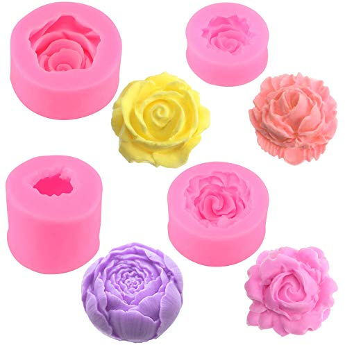 4 Stücke 3D Blume Silikon Seifen Form 3D Rose Blume Fondant Form Blume Blühen Rose Form Silikon Form Harz Rose Kerzen Form für Kuchen Dekoration Schokolade Handgemachte Süßigkeit Herstellung