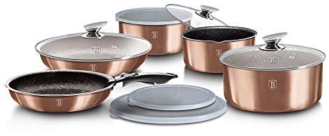 12 Pcs Colorful Space Saving Cookware Frying Pan Sauce Pan Casserole Pot Set Induction Lid Handles (Rose Gold)