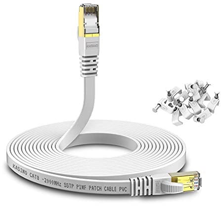 KASIMO Cable Ethernet 30 metros de Red Cat 8, Cable Internet Plano 40 Gbps / 2000 MHz, SFTP Cable LAN Con Conector RJ45 Enchapado en Oro – Blanco