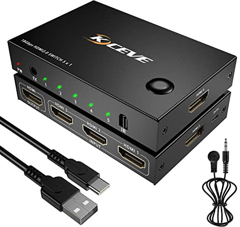 Switch HDMI 5 porte, 4K a 60Hz HDMI 2.0 Switcher con telecomando, supporto HDR, HDCP2.2, 3D, 1080P, selettore HDMI compatibile per PS4, Xbox, lettore Blu-ray, Apple TV, Fire TV, con telecomando