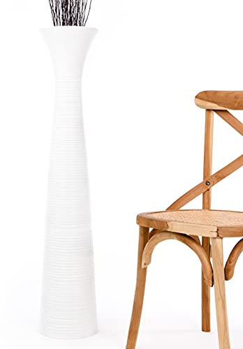Leewadee Große Deko Bodenvase Für Dekozweige, Hohe Standvase Für Pampasgras, Design Holzvase, 105 cm, Weiß