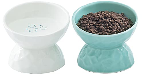 TAMAYKIM Ceramic Tilted Cat Bowls, 8 OZ, 5 inch, Set of 2, White & Mint Green