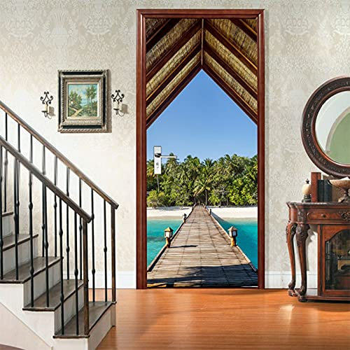 A.Monamour Türtapete Selbstklebend Türfolie Türposter 3D Fußgängerbrücke Über Das Türkisfarbene Meer Zu Einer Maledivischen Insel Vinyl Folie Türdeko Tapete Wandbild Türaufkleber Türtattoo 77 x 200 cm