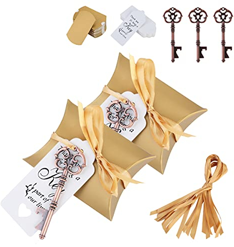 Ruspela Lot de 50 décapsuleurs en forme de clé dragees mariage- Cadeau pour fête, mariage, banquet - Rouge bronze + carte imprimée cadeau invites mariage