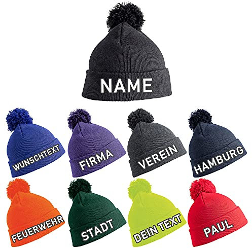 Bommel-Strickmütze mit Wunschtext Bestickt (Flourecent Gelb)