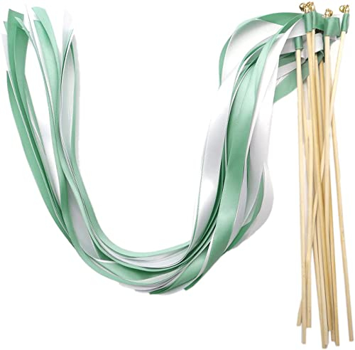 20 Stk Seide Zauberstäbe mit Hochzeitsbändern und Glocken,Seidenfeenstab Glücksstäbe Wedding Ribbon Stick Gastgeschenke für Hochzeit Weihnachten Babypartys Geburtstag Partydekorationen,Grün+Weiß